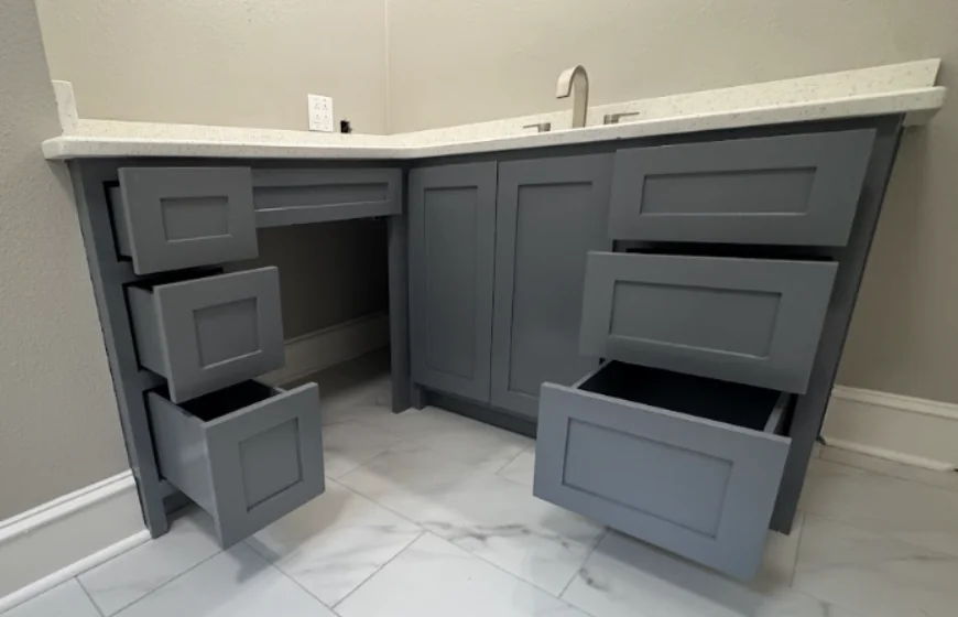 Gray painted cabinet drawers and doors